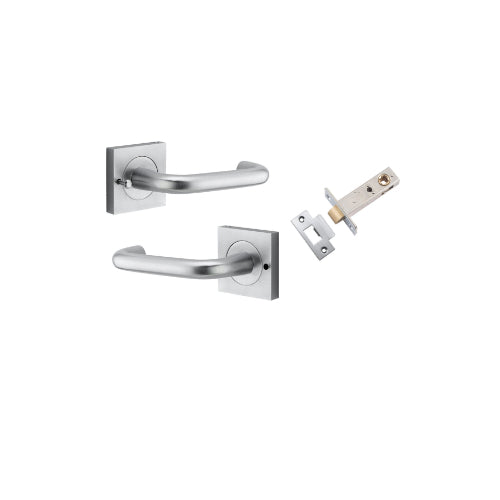 Door Lever Oslo Square Rose Inbuilt Privacy Pair Brushed Chrome H52xW52xP57mm with Tube Latch Privacy with Faceplate & T Striker Backset 60mm in Brushed Chrome