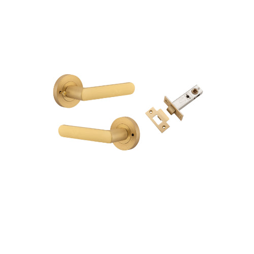 Door Lever Osaka Round Rose Inbuilt Privacy Pair Brushed Brass D58xP55mm with Tube Latch Privacy with Faceplate & T Striker Backset 60mm in Brushed Brass