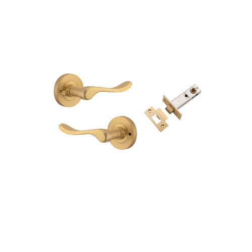 Door Lever Stirling Round Rose Inbuilt Privacy Pair Brushed Brass D58xP64mm with Tube Latch Privacy with Faceplate & T Striker Backset 60mm in Brushed Brass