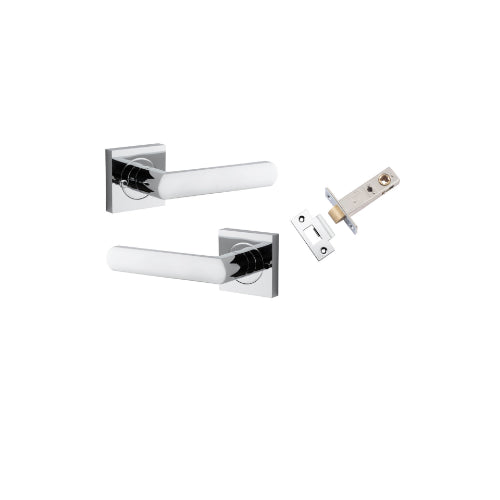 Door Lever Osaka Square Rose Inbuilt Privacy Pair Polished Chrome H52xW52xP55mm with Tube Latch Privacy with Faceplate & T Striker Backset 60mm in Polished Chrome