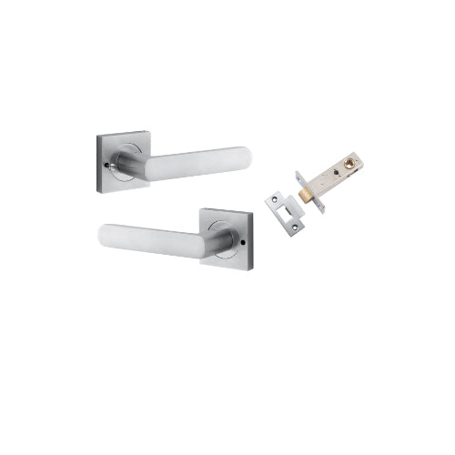 Door Lever Osaka Square Rose Inbuilt Privacy Pair Brushed Chrome H52xW52xP55mm with Tube Latch Privacy with Faceplate & T Striker Backset 60mm in Brushed Chrome