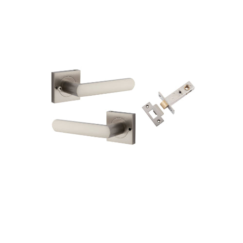 Door Lever Osaka Square Rose Inbuilt Privacy Pair Satin Nickel H52xW52xP55mm with Tube Latch Privacy with Faceplate & T Striker Backset 60mm in Satin Nickel