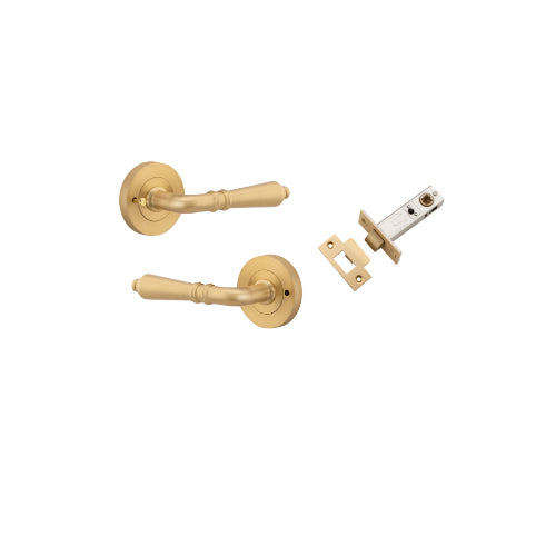 Door Lever Sarlat Round Rose Inbuilt Privacy Pair Brushed Brass D58xP58mm with Tube Latch Privacy with Faceplate & T Striker Backset 60mm in Brushed Brass