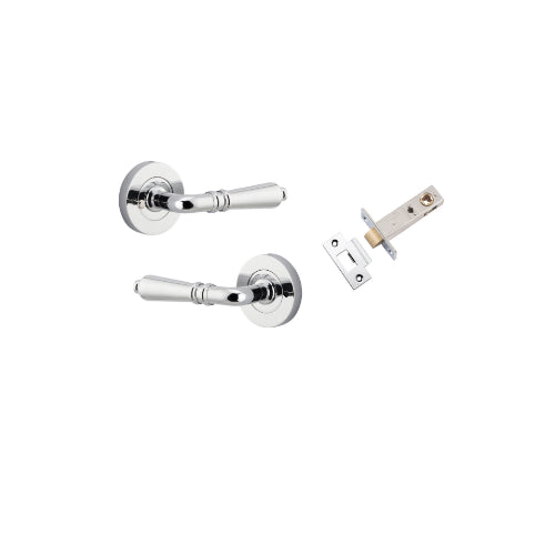 Door Lever Sarlat Round Rose Inbuilt Privacy Pair Polished Chrome D58xP58mm with Tube Latch Privacy with Faceplate & T Striker Backset 60mm in Polished Chrome