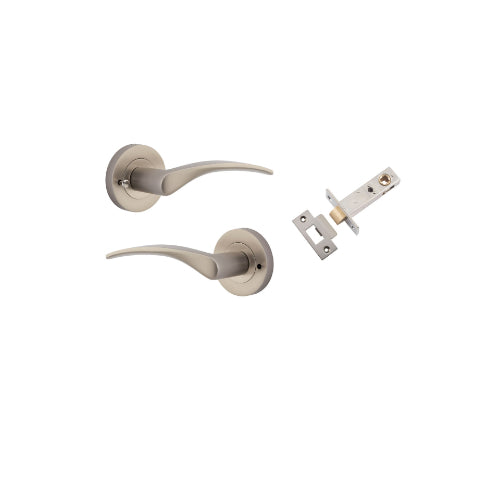 Door Lever Oxford Round Rose Inbuilt Privacy Pair Satin Nickel D58xP64mm with Tube Latch Privacy with Faceplate & T Striker Backset 60mm in Satin Nickel