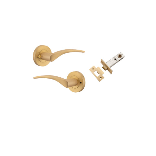 Door Lever Oxford Round Rose Inbuilt Privacy Pair Brushed Brass D58xP64mm  with Tube Latch Privacy with Faceplate & T Striker Backset 60mm in Brushed Brass