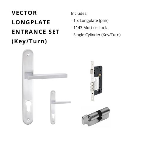 Vector Longplate Entrance Set, Includes 7105E85, 1143 & 1122 (60mm Key/Turn) in Satin Chrome