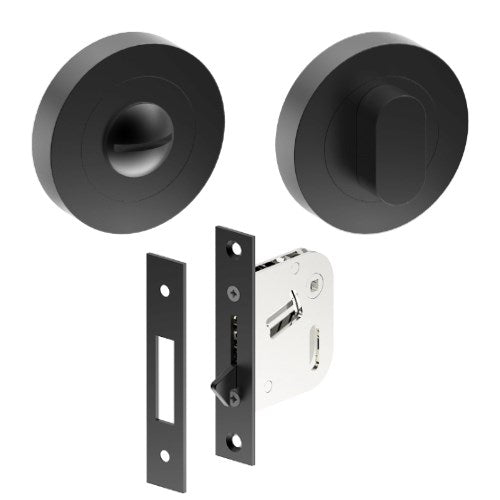 Complete Privacy Set inc. Thumb Turn and Emergency Release on Ø52mm Rose (Concealed Fix), Universal Spindle and Sliding Door Hook Bolt in Black