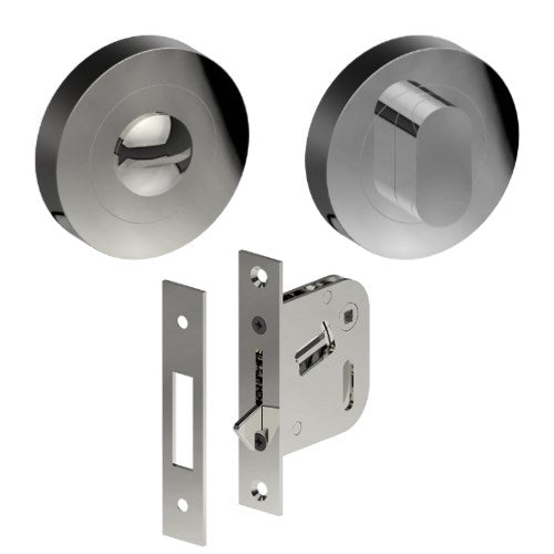 Complete Privacy Set inc. Thumb Turn and Emergency Release on Ø52mm Rose (Concealed Fix), Universal Spindle and Sliding Door Hook Bolt in Polished Stainless Steel