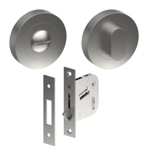Complete Privacy Set inc. Thumb Turn and Emergency Release on Ø52mm Rose (Concealed Fix), Universal Spindle and Sliding Door Hook Bolt in Satin Stainless
