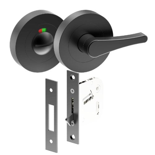 Complete Privacy Set inc. Disability Thumb Turn and Indicating Emergency Release on Ø52mm Rose (Concealed Fix), Universal Spindle and Sliding Door Hook Bolt in Black