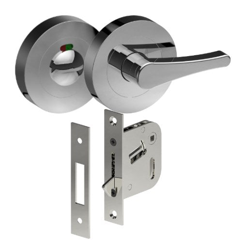 Complete Privacy Set inc. Disability Thumb Turn and Indicating Emergency Release on Ø52mm Rose (Concealed Fix), Universal Spindle and Sliding Door Hook Bolt in Polished Stainless Steel