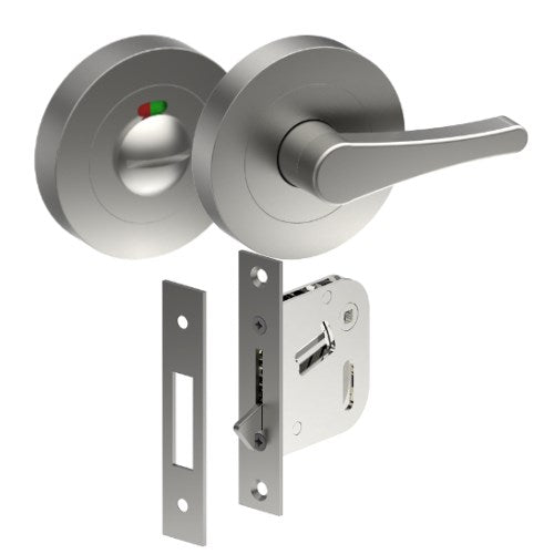Complete Privacy Set inc. Disability Thumb Turn and Indicating Emergency Release on Ø52mm Rose (Concealed Fix), Universal Spindle and Sliding Door Hook Bolt in Satin Stainless
