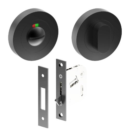 Complete Privacy Set inc. Thumb Turn and Indicating Emergency Release on Ø52mm Rose (Concealed Fix), Universal Spindle and Sliding Door Hook Bolt in Black