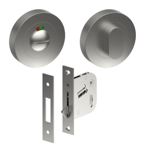 Complete Privacy Set inc. Thumb Turn and Indicating Emergency Release on Ø52mm Rose (Concealed Fix), Universal Spindle and Sliding Door Hook Bolt in Satin Stainless