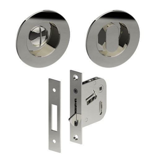Complete Ø65mm Flush Pull, Privacy Set inc. Thumb Turn and Emergency Release (Concealed Glue Fix), Universal Spindle and Sliding Door Hook Bolt (min door thickness 32mm) in Polished Stainless