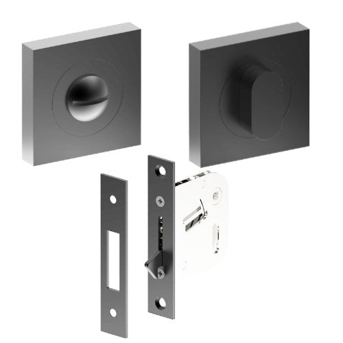 Complete Privacy Set inc. Thumb Turn and Emergency Release on 52mm x 52mm Rose  (Concealed Fix), Universal Spindle and Sliding Door Hook Bolt in Black