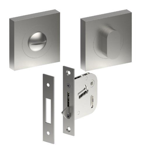 Complete Privacy Set inc. Thumb Turn and Emergency Release on 52mm x 52mm Rose (Concealed Fix), Universal Spindle and Sliding Door Hook Bolt in Satin Stainless
