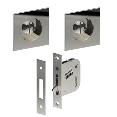 Complete 65mm x 65mm Flush Pull, Privacy Set inc. Thumb Turn and Emergency Release (Concealed Glue Fix), Universal Spindle and Sliding Door Hook Bolt (min door thickness 32mm) in Polished Stainless Steel