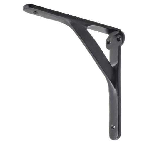 Traditional black steel shelf bracket by Tradco, mounted on a wall, showing sturdy design and smooth finish for supporting shelves.