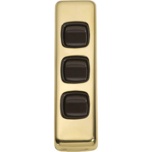 Switch Flat Plate Rocker 3 Gang Brown Polished Brass H108xW30mm in Polished Brass