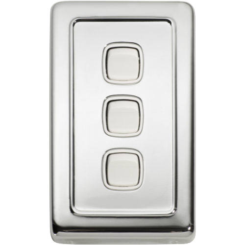 Switch Flat Plate Rocker 3 Gang White Chrome Plated H115xW72mm in Chrome Plated