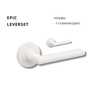 Zanda Epic Lever door handle on round matte white rose, featuring a sleek, modern design for interior doors.