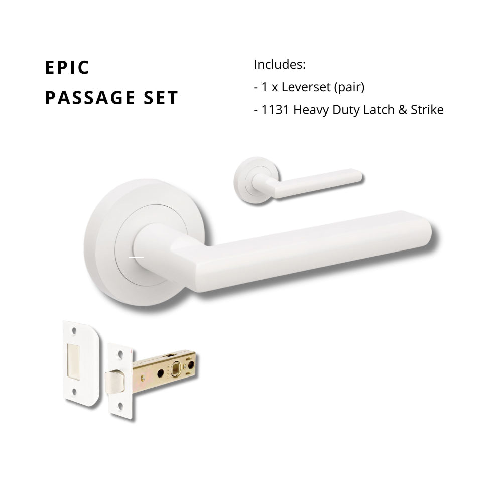 Zanda Epic Lever handle on round rose in matte white finish, featuring a sleek modern design for interior doors.