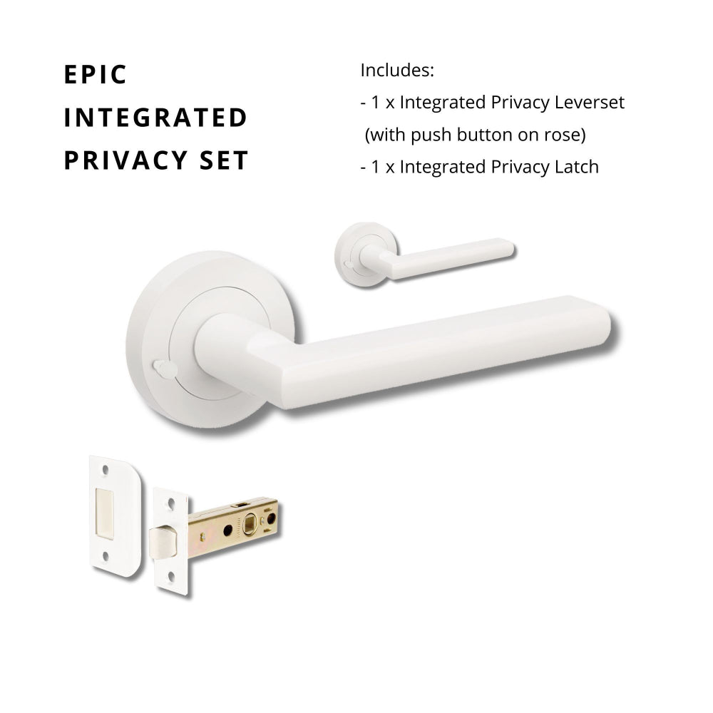 Zanda Epic lever handle on round rose in matte white finish, showcasing a sleek door hardware design.
