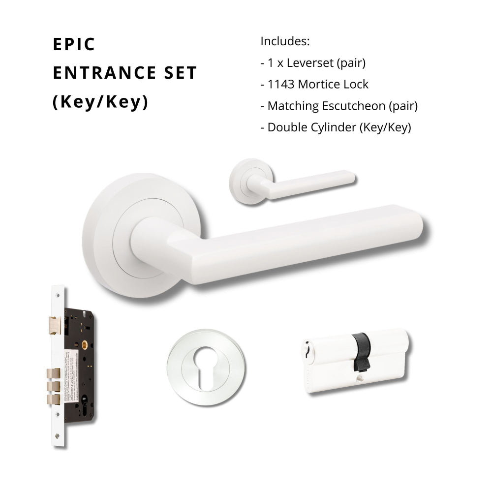 Zanda Epic Lever on round rose in matte white finish, featuring a modern door handle design with a sleek, polished look.