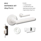 Zanda Epic lever handle on round rose in matte white finish, interior door hardware with sleek modern design.