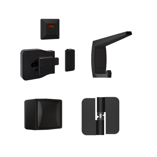 106C / Moda Series Kit Designer Black - Contains: 3x 106C RHHO Gravity Hinges, 1x Moda Lock & Indicator Set, 1x Moda Hook, 1x Moda Bumper & Universal Screw Fixings  in Designer Black