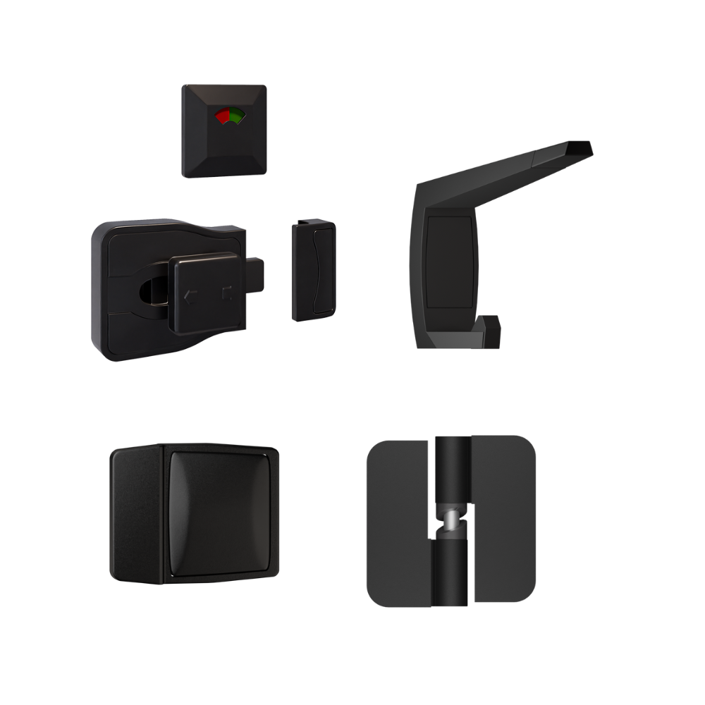106C / Moda Series Kit Designer Black - Contains: 3x 106C RHHO Gravity Hinges, 1x Moda Lock & Indicator Set, 1x Moda Hook, 1x Moda Bumper & Universal Screw Fixings  in Designer Black