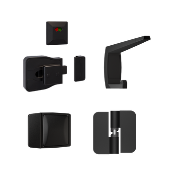 106C / Moda Series Kit Designer Black - Contains: 3x 106C RHHO Gravity Hinges, 1x Moda Lock & Indicator Set, 1x Moda Hook, 1x Moda Bumper & Universal Screw Fixings  in Designer Black