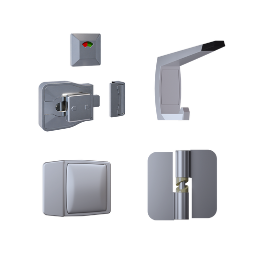 106C / Moda Series Kit SCP - Contains: 3x 106C RHHO Gravity Hinges, 1x Moda Lock & Indicator Set, 1x Moda Hook, 1x Moda Bumper & Universal Screw Fixings  in Satin Chrome