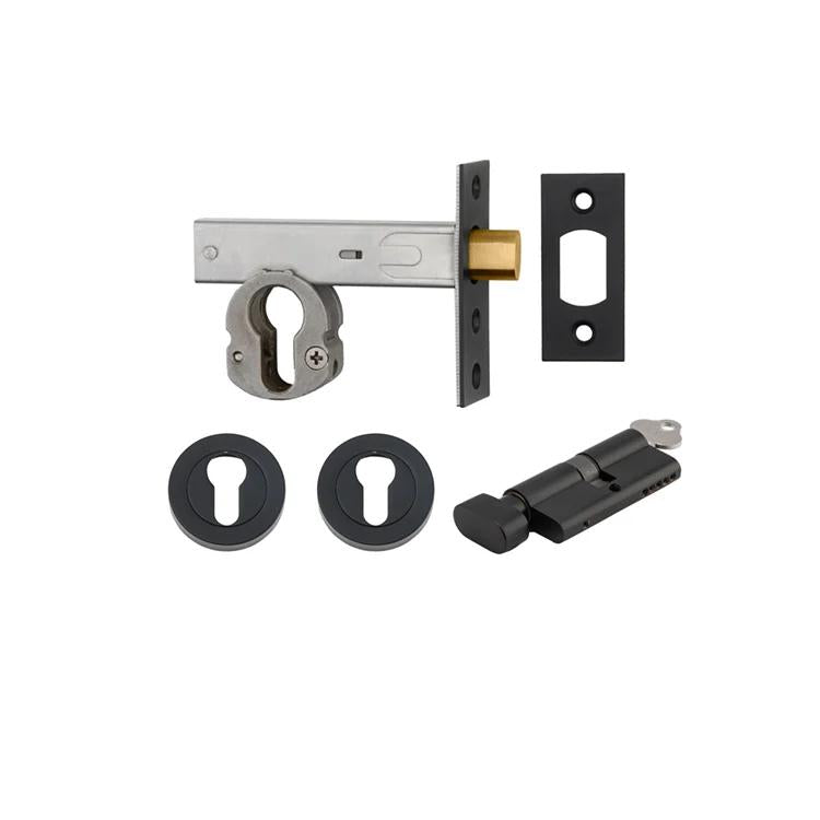 Mortice Deadbolt Euro Matt Black Backset 60mm Key/Thumb Escutcheon Round Kit in Matt Black