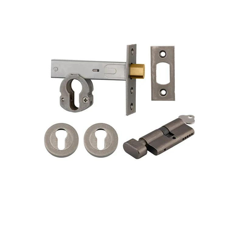 Mortice Deadbolt Euro Distressed Nickel Backset 60mm Key/Thumb Escutcheon Round Kit in Distressed Nickel