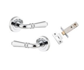 Door Lever Sarlat Round Rose Pair Polished Chrome D52xP58mm Passage Kit, Tube Latch Split Cam 'T' Striker Polished Brass Backset 60mm in Polished Chrome