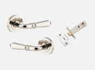 Door Lever Sarlat Round Rose Pair Polished Nickel D52xP58mm Passage Kit, Tube Latch Split Cam 'T' Striker Polished Nickel Backset 60mm in Polished Nickel