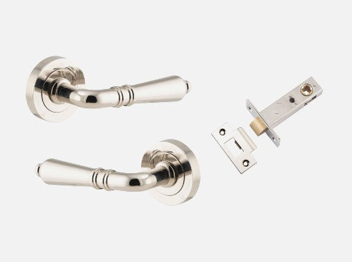 Door Lever Sarlat Round Rose Pair Polished Nickel D52xP58mm Passage Kit, Tube Latch Split Cam 'T' Striker Polished Nickel Backset 60mm in Polished Nickel