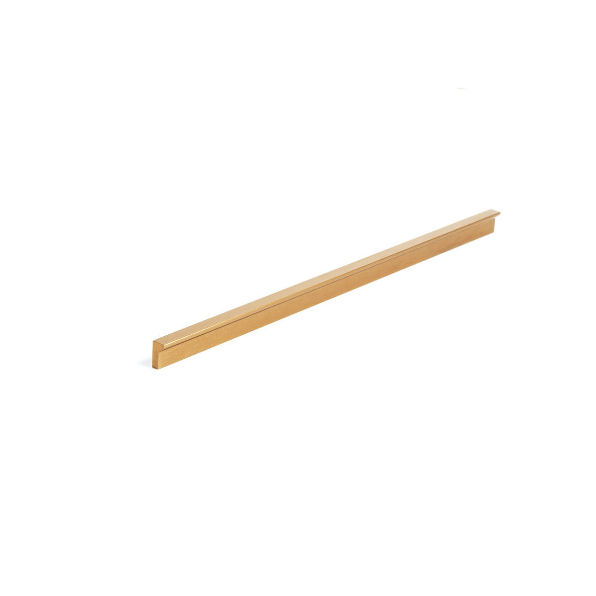 Momo ANGLE cabinet pull handle in brushed bronze finish mounted on wooden cabinet door.