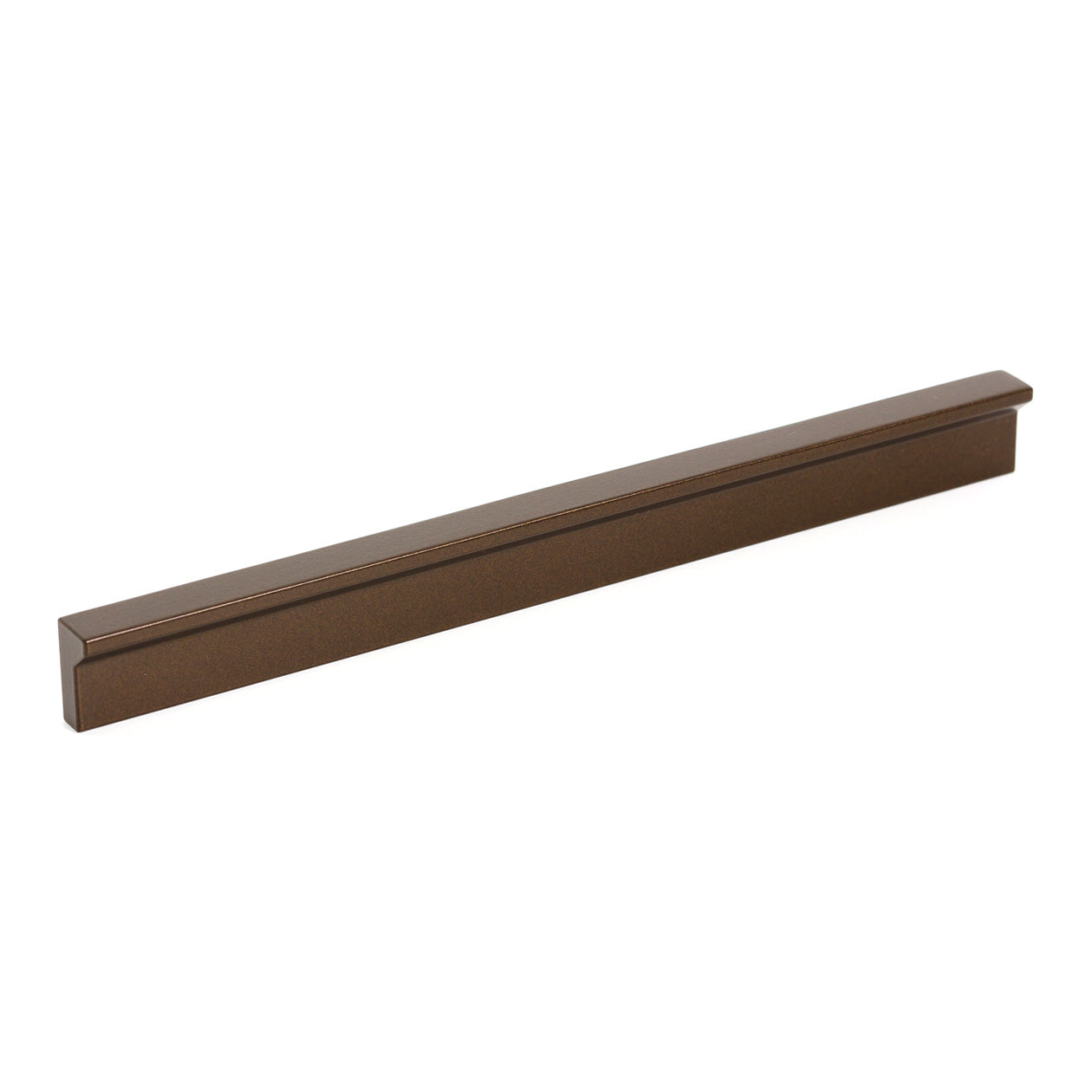 Momo ANGLE cabinet pull handle in matte bronze finish mounted on wooden cabinet door.