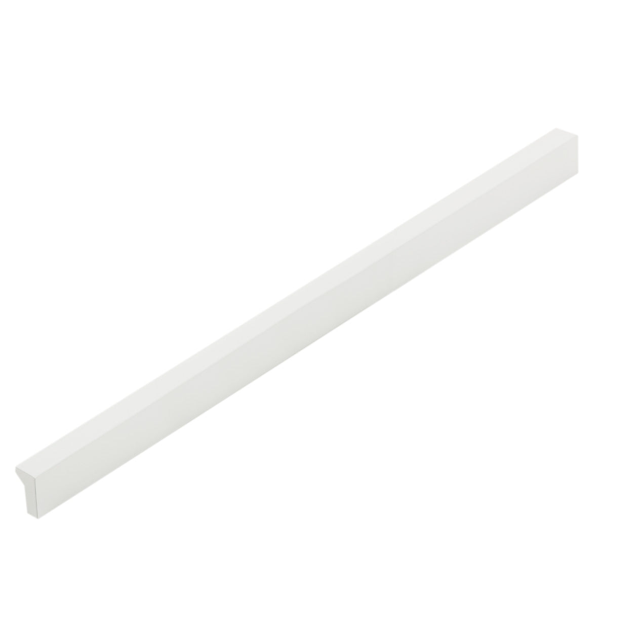 Momo ANGLE cabinet pull handle in white finish, mounted on a cabinet door, showcasing modern angular design.