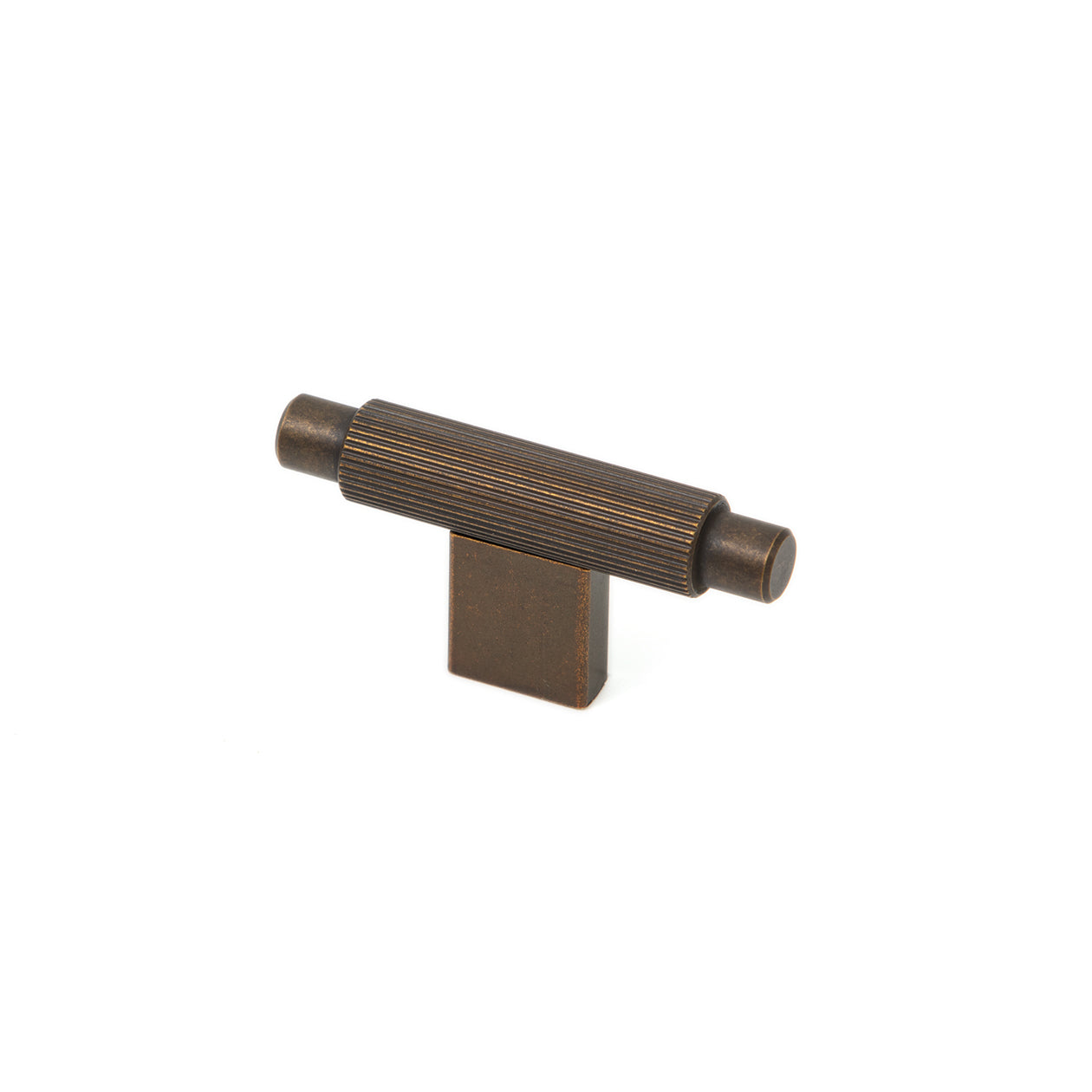 Momo ARPA Cabinet T-Pull handle in brushed metal finish, mounted on a modern cabinet door with visible screw holes.