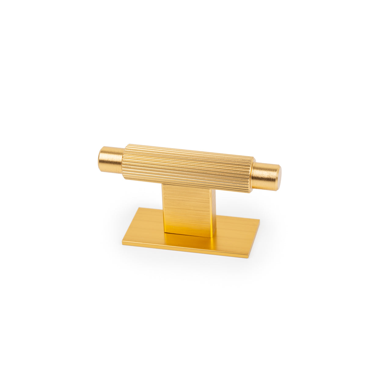 Momo ARPA cabinet T-pull handle with backplate, showcasing sleek brushed brass finish and modern hardware design.