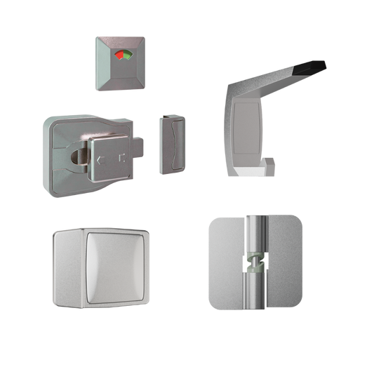 Advantage Moda Kit Anti-Microbial, Vis Pack  ? Contains: 3 x Moda RH Gravity Hinges, 1 x Moda Lock & Indicator Set, 1 x Moda Bumper, 1 x Moda Hook & Universal Screw Fixings   in Antimicrobial Coating