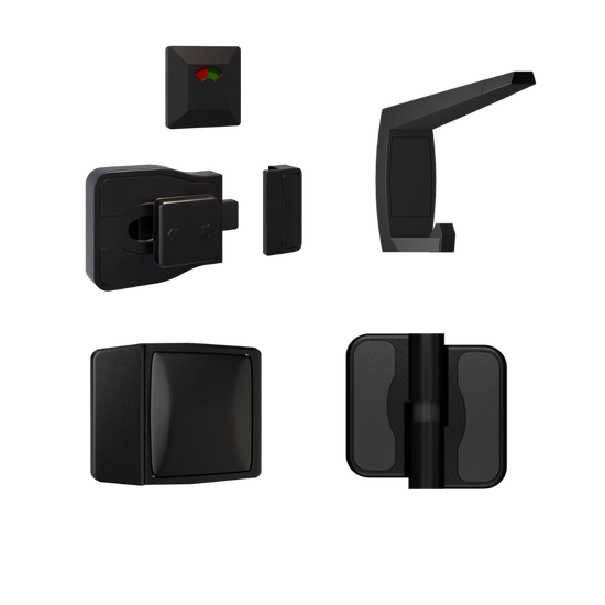 Advantage Moda Kit Designer Black, Vis Pack ? Contains: 3 x Moda RH Gravity Hinges, 1 x Moda Lock & Indicator Set, 1 x Moda Bumper, 1 x Moda Hook & Universal Screw Fixings   in Designer Black
