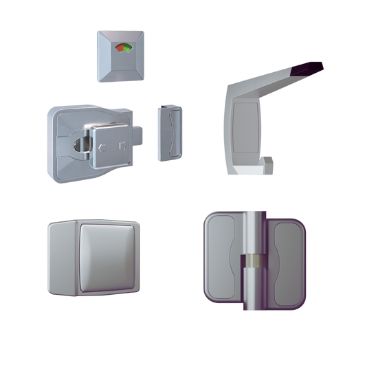 Advantage Moda Kit SCP, Vis Pack ? Contains: 3 x Moda RH Gravity Hinges, 1 x Moda Lock & Indicator Set,  1 x Moda Bumper, 1 x Moda Hook & Universal Screw Fixings   in Satin Chrome
