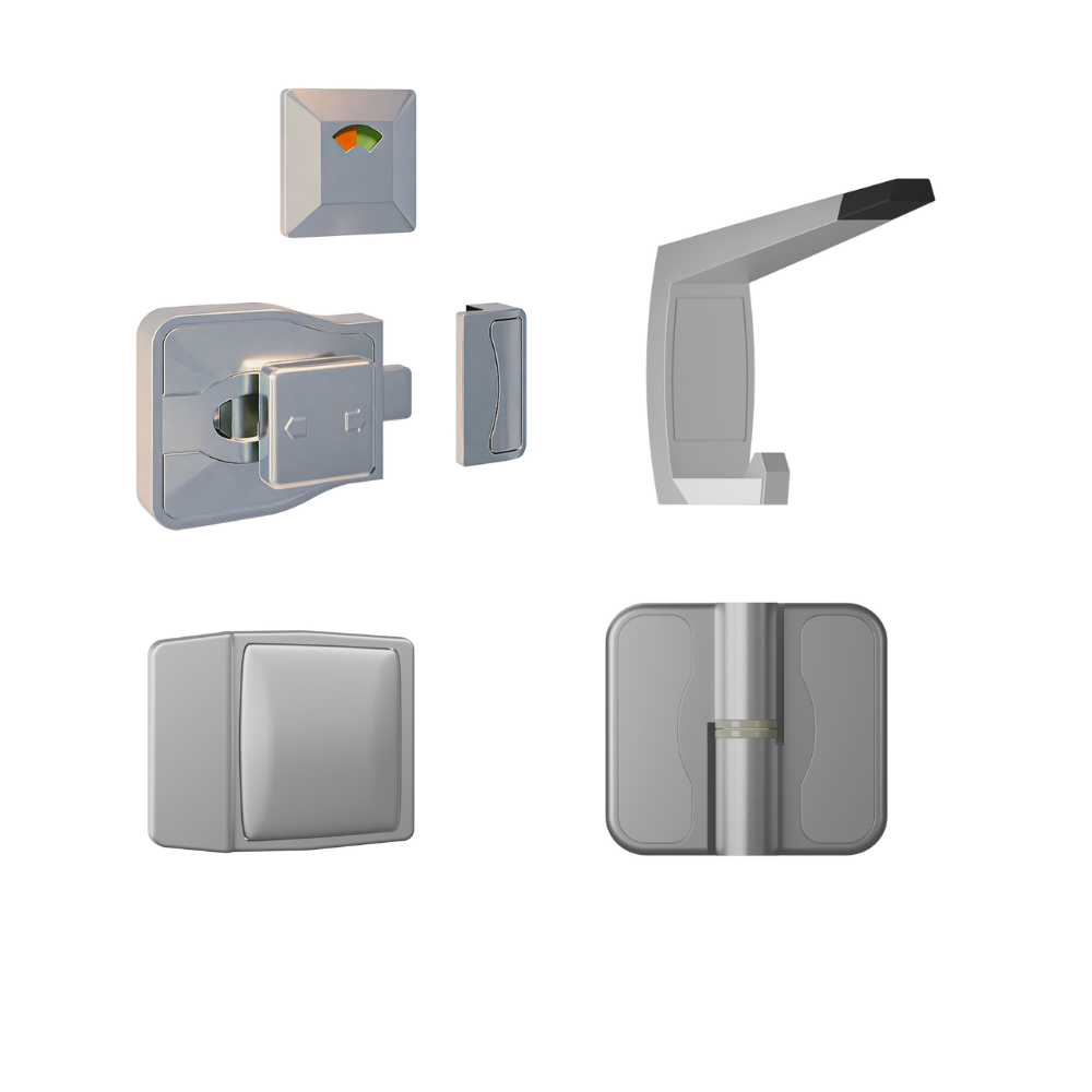 Advantage Moda ANMB Kit, Vis Pack - Contains; 3x Moda RH Spring Hinges, 1 Moda Indicator Set, 1x Moda Bumper, 1x Moda Coat Hook & Universal Screw Fixings   in Antimicrobial Coating