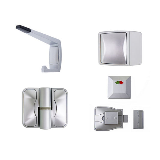 Advantage Moda SCP Kit, Vis Pack - Contains; 3x Moda RH Spring Hinges, 1 x Moda Indicator Set, 1x Moda Bumper, 1x Moda Hook & Universal Screw Fixings   in Satin Chrome